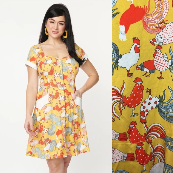 NWT Unique Vintage Mustard & Red Rooster Print Fit & Flare Dress Sz 2X/18 - Picture 1 of 16